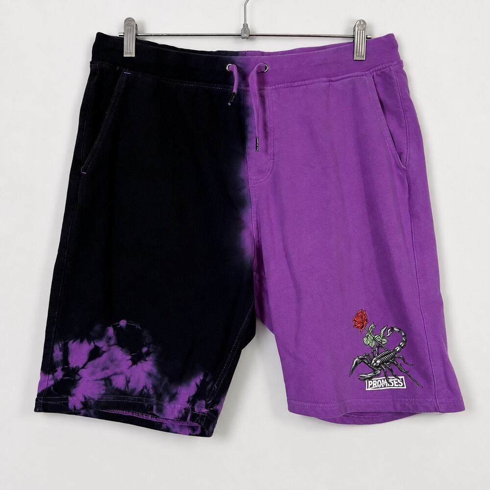 Broken Promises Mens M Purple Black Split Dye Scorpion Graphic Sweat Shorts